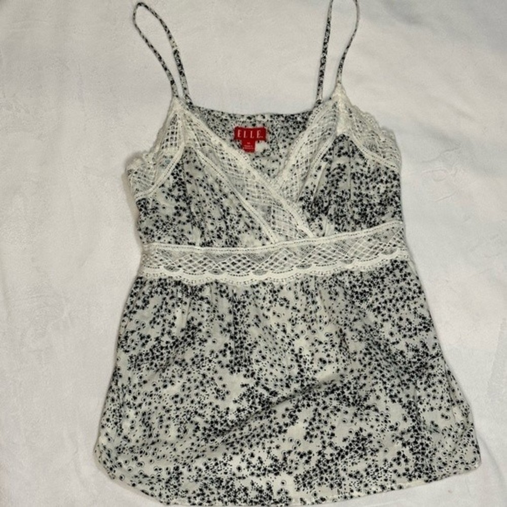 Y2K 2000‎ ELLE White Black Embroidered Lace Tank Cottage Fairy Grunge Size M